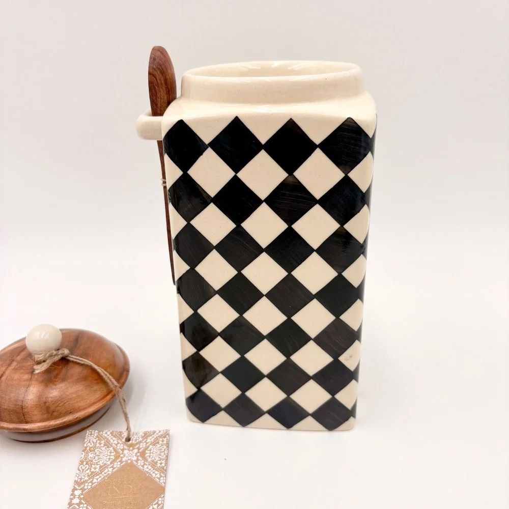 Hand Painted Black White Checkered Ceramic Canister with Wood Lid and Spoon